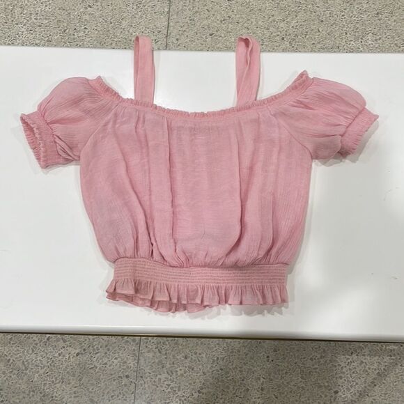 GUESS pink off shoulder cold shoulder ruched boho festival  crop top XS - Picture 10 of 13